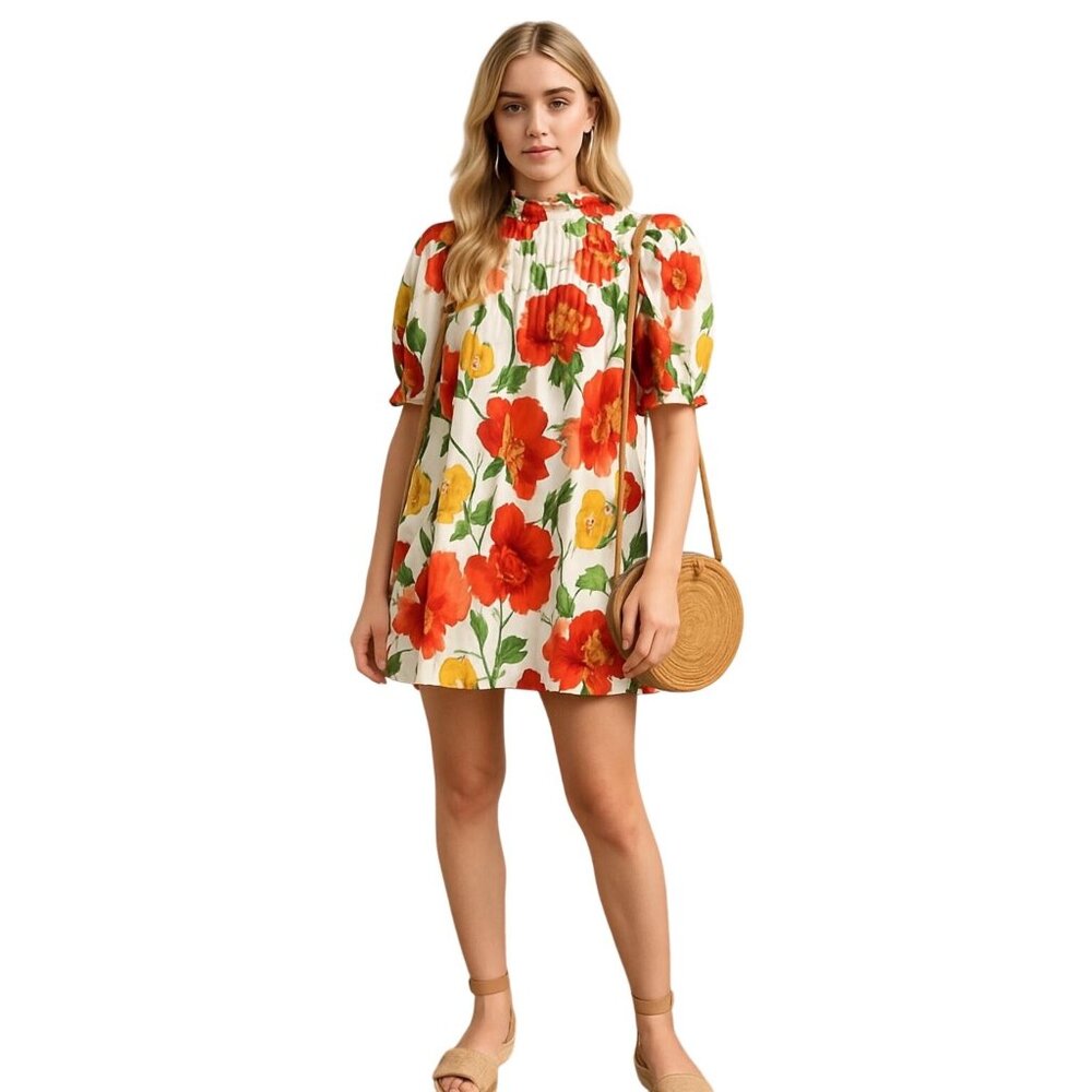 Think Of Me Cottagecore Floral Shift Dress Bodice Ruffled Collar Puff Sleeves L